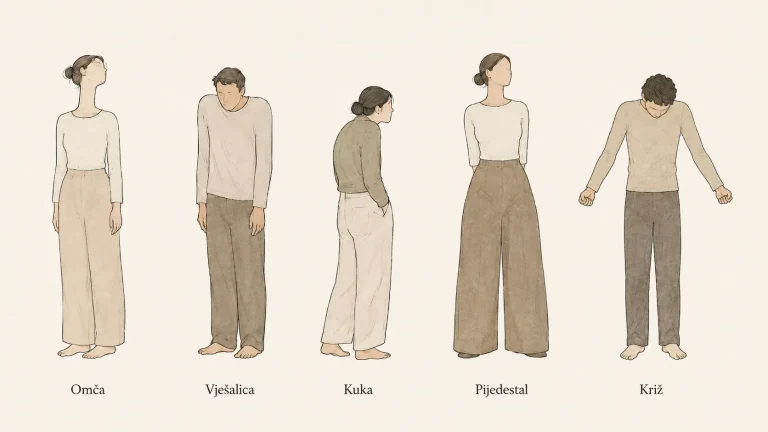 Ilustracja pet Lowenovih tjelesnih obrazaca zapetosti: Omča, Vješalica, Kuka, Pijedestal i Križ
