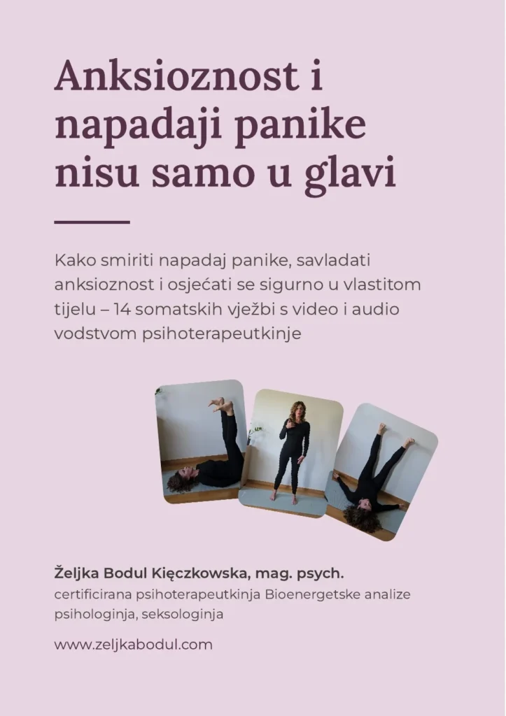 Naslovnica multimedijalnog digitalnog priručnika: Anksioznost i napadaji panike nisu samo u glavi – 14 somatskih vježbi s video i audio vodstvom psihoterapeutkinje Željke Bodul Kięczkowske, mag. psych.