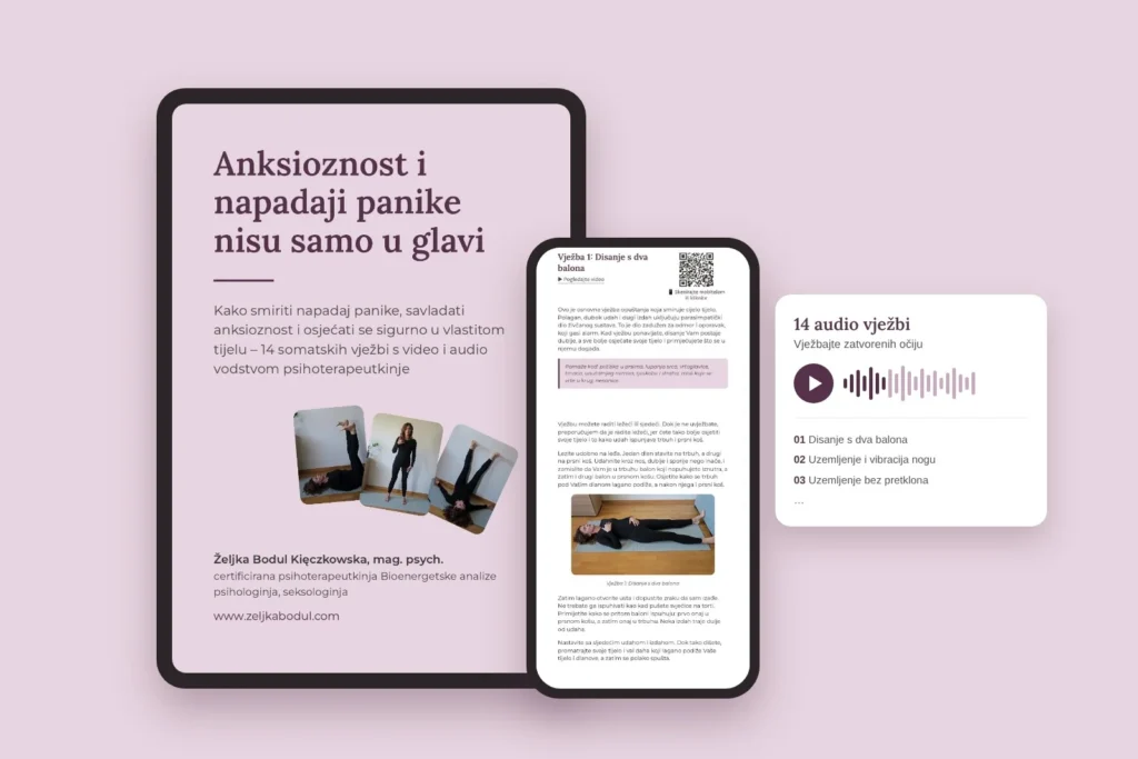 Digitalni priručnik „Anksioznost i napadaji panike nisu samo u glavi” psihoterapeutkinje Željke Bodul Kięczkowske, mag. psych. na tabletu i mobitelu, uz 14 audio vježbi